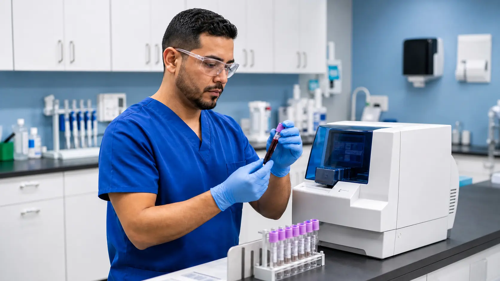 Técnico de laboratorio preparando tubos de muestra junto al analizador
