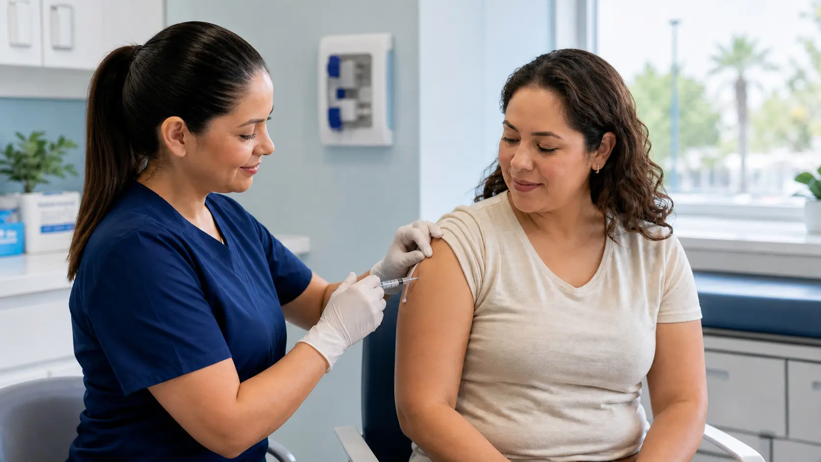 Enfermera aplicando una vacuna en el brazo de una paciente