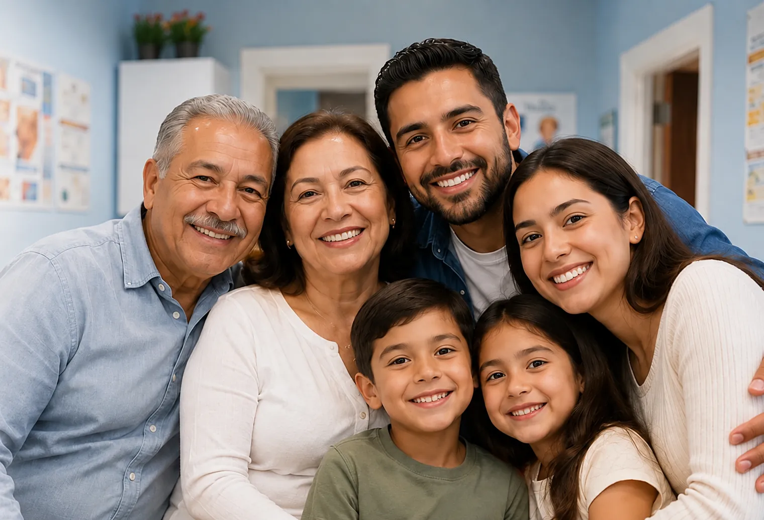 Familia hispana multigeneracional reunida
