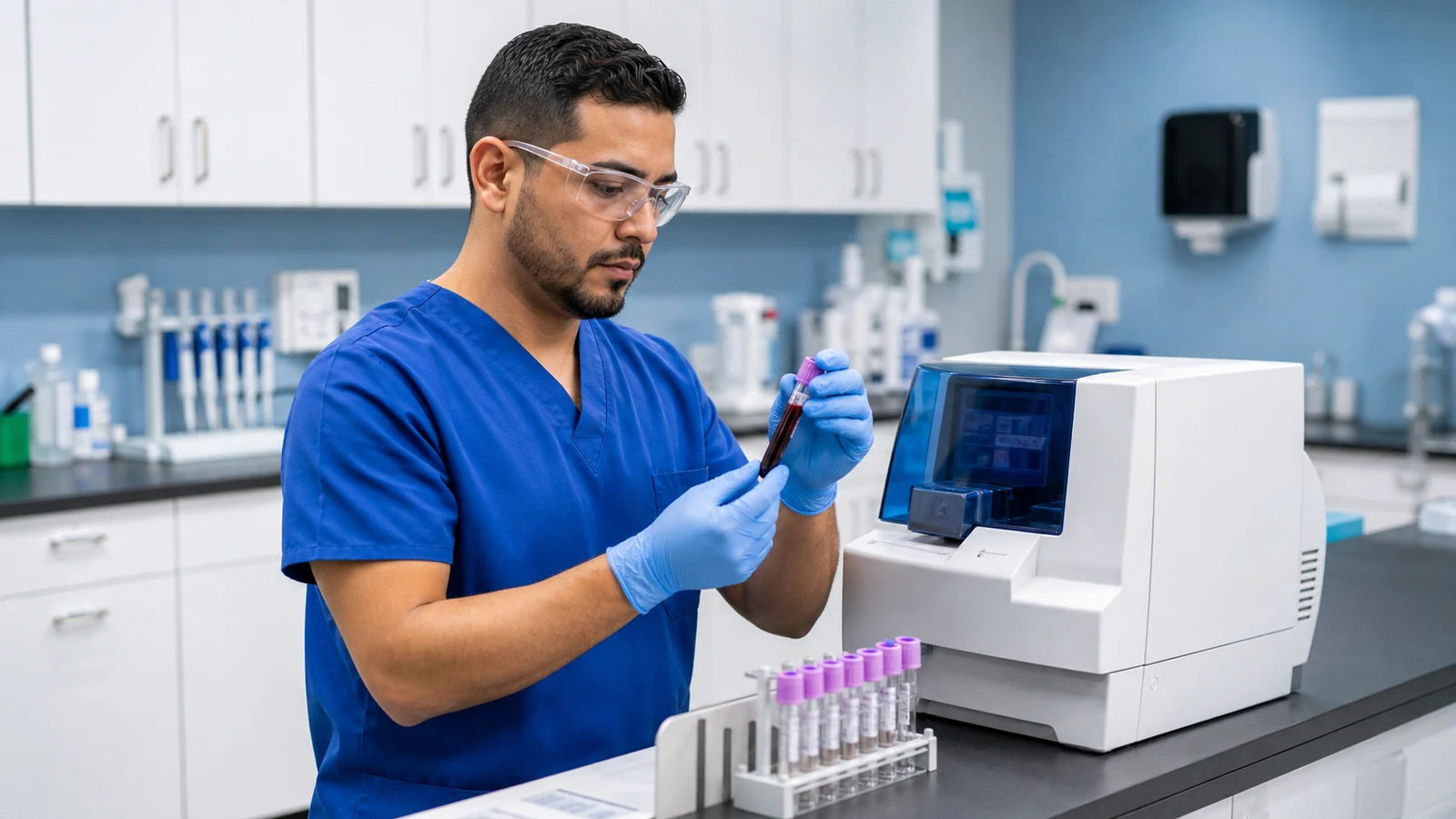 Técnico de laboratorio preparando tubos de muestra junto al analizador